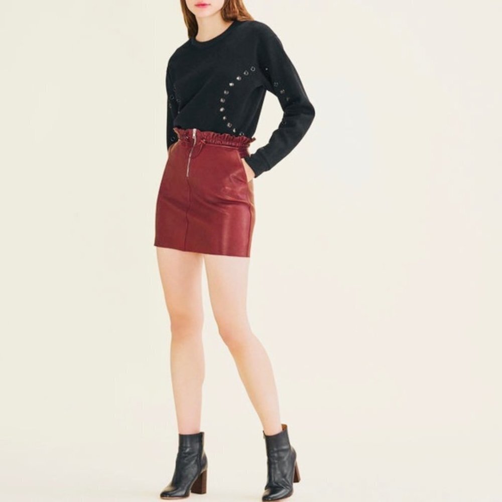 NWT New $570 Maje Draw cord Burgundy Leather Mini Skirt Size M